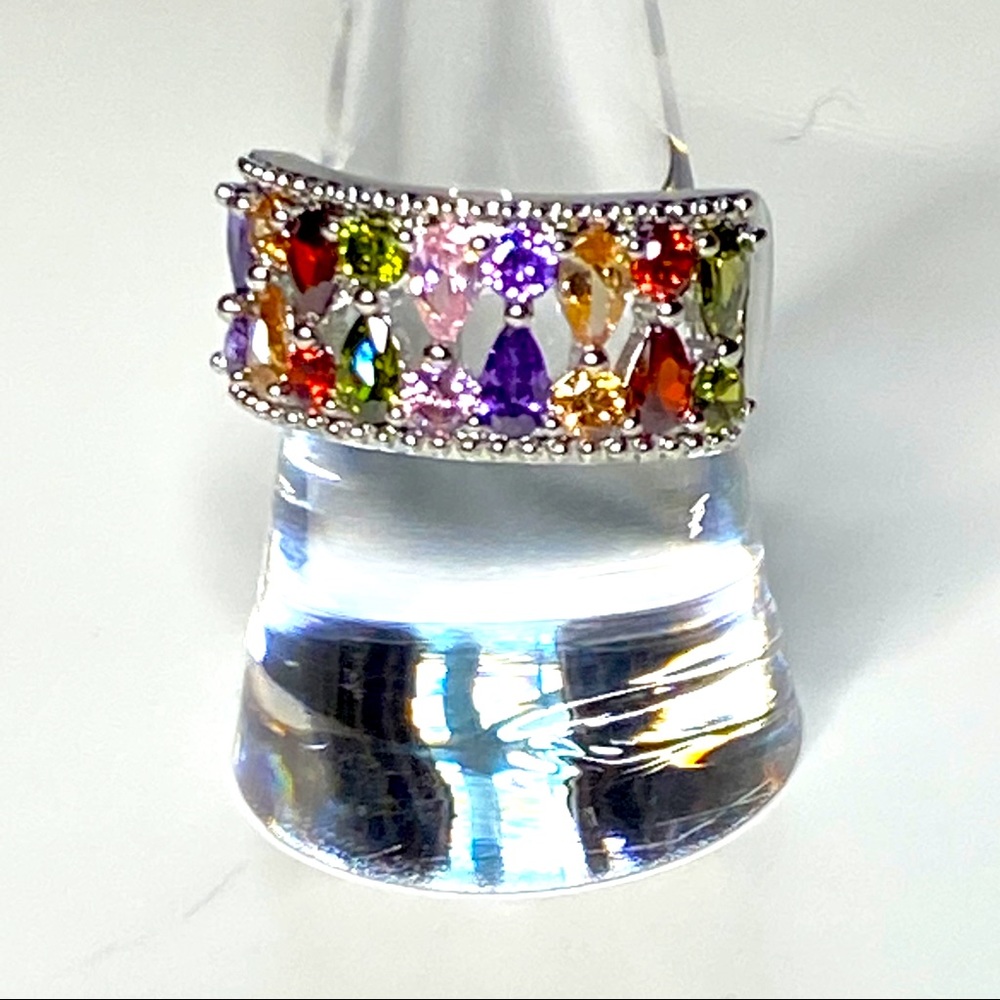 silver toned multicolored teardrop stone ring